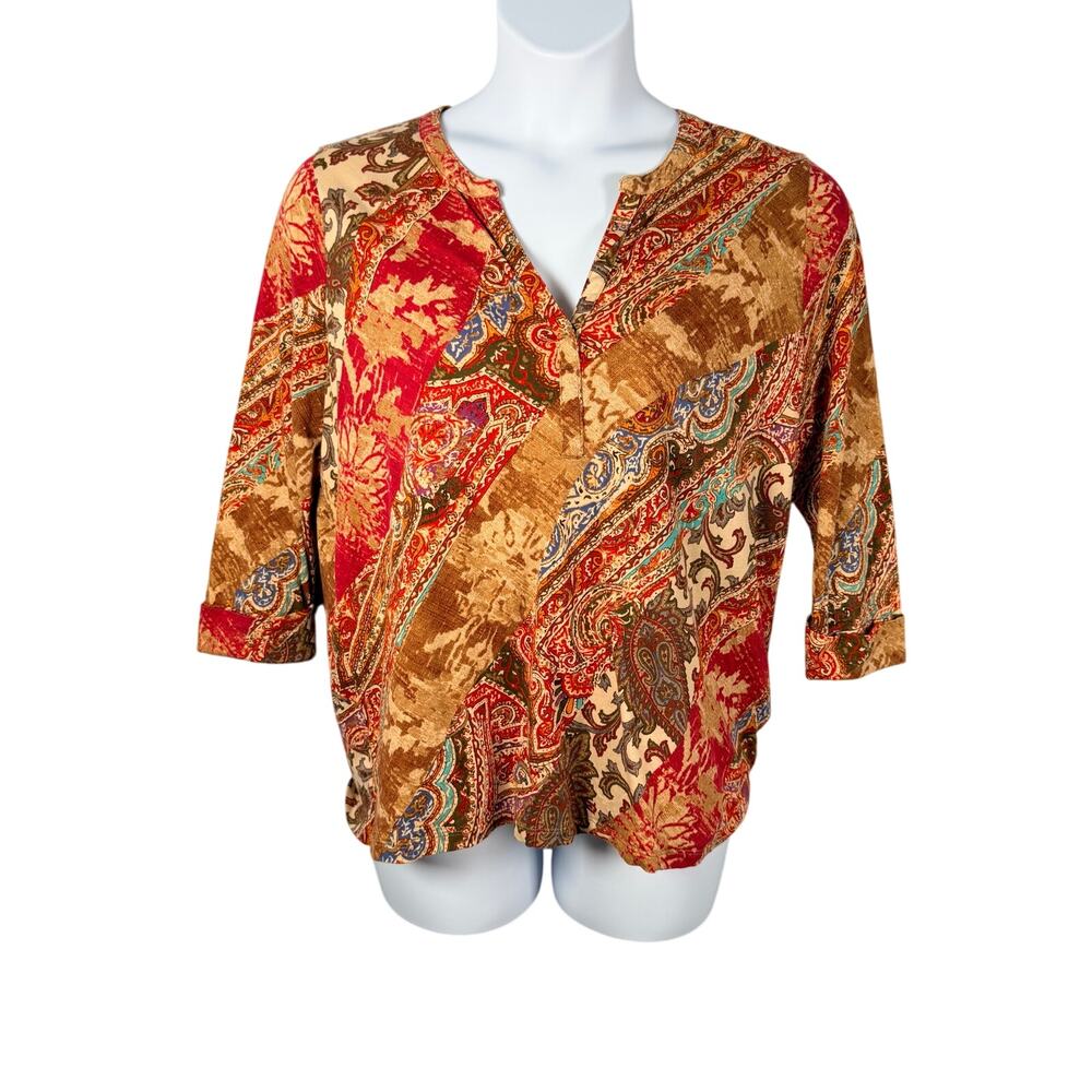 Ralph Lauren Top 1X Tan Red Paisley Split Neck 3/4 Sleeve Tee Country Preppy